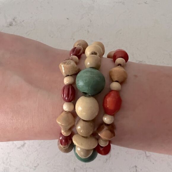 *3/$20* Boho wooden red, green and tan beaded bracelets- set of 3 - Picture 6 of 7